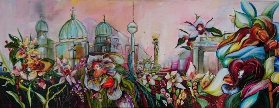 Ein Gemälde von Blumen und Gebäuden mit einer Stadt im Hintergrund