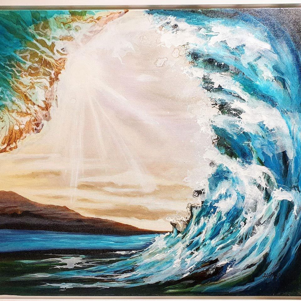 Es ist ein Gemälde einer Welle, die ins Meer bricht.