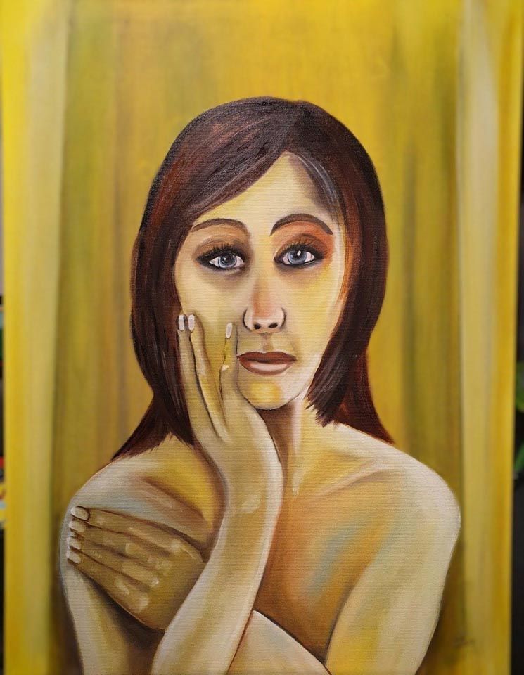 Ein Gemälde einer Frau mit der Hand auf dem Gesicht