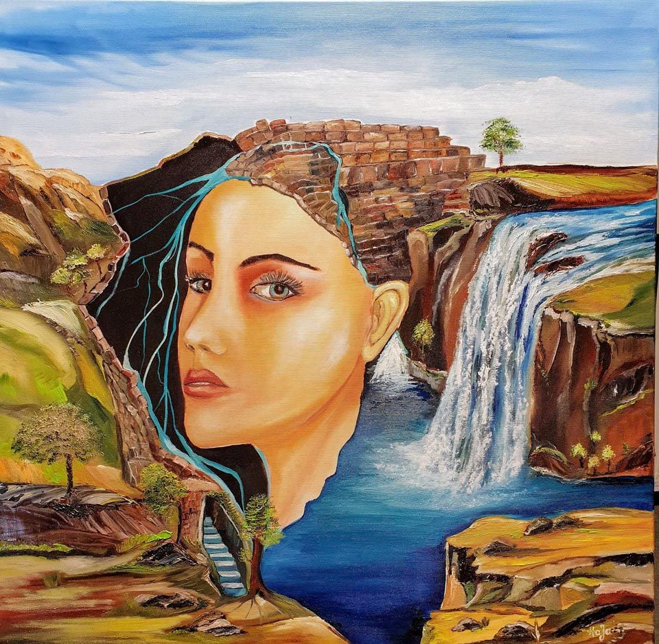 Ein Gemälde einer Frau mit einem Wasserfall im Hintergrund