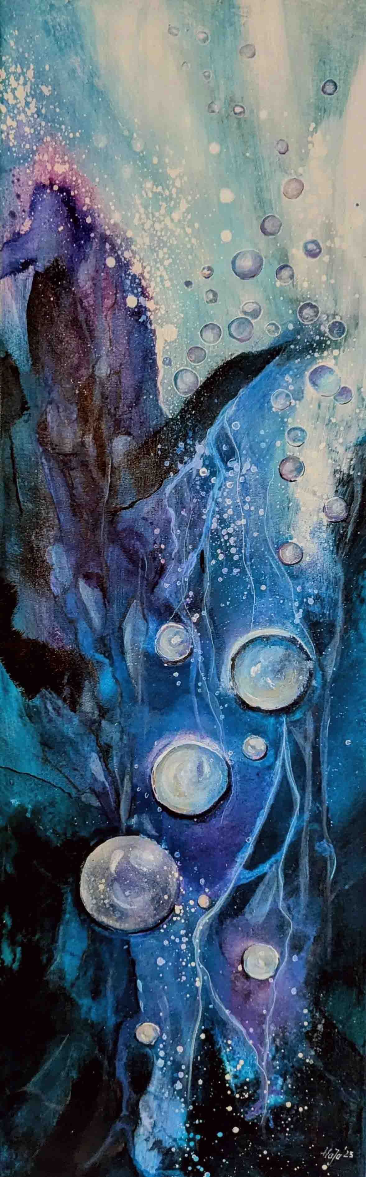 Ein Gemälde eines Seepferdchens, das umgeben von Blasen im Meer schwimmt.