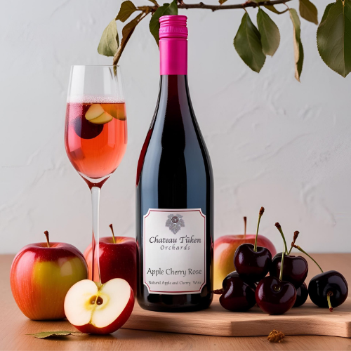 A bottle of apple cherry rose wine next to apples and cherries