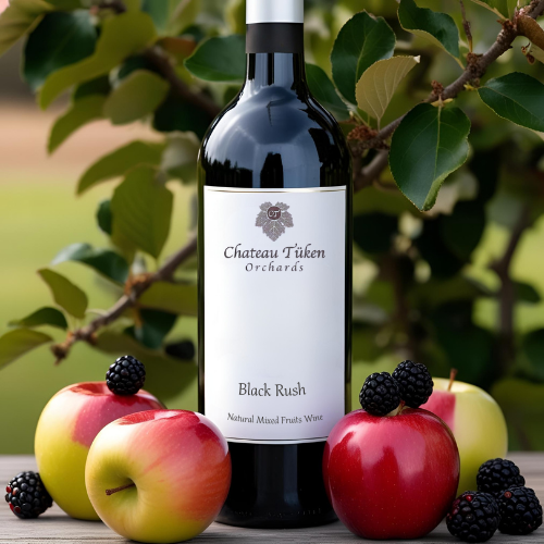 A bottle of black rush wine surrounded by apples and blackberries