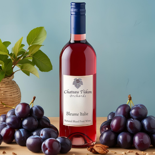 A bottle of chateau tukim wine sits next to a bunch of plums