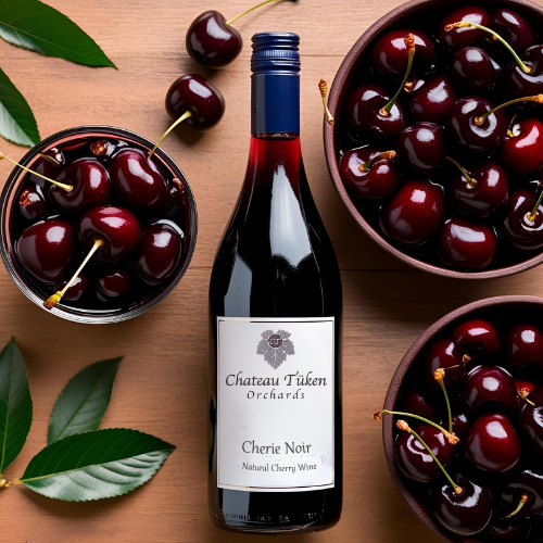 A bottle of wine is surrounded by bowls of cherries on a wooden table.