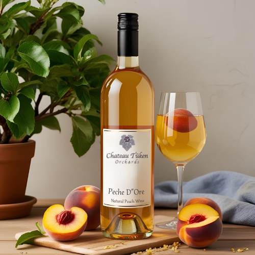 A bottle of peach wine next to a glass of wine
