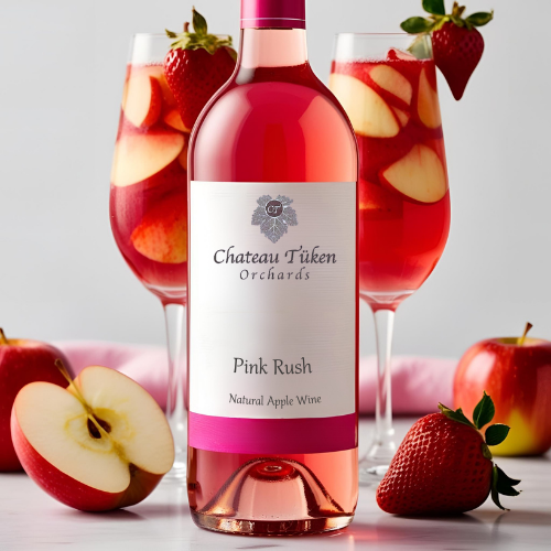 A bottle of pink rusin wine is surrounded by apples and strawberries