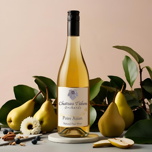 A bottle of pear asian wine is surrounded by pears and leaves