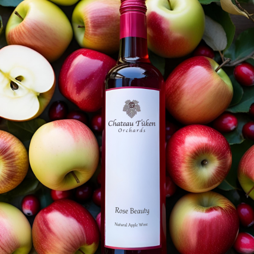 A bottle of rose beauty is surrounded by apples