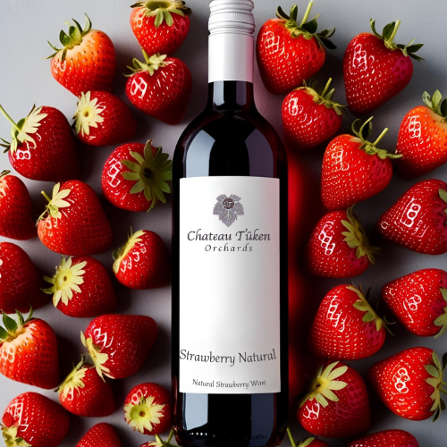 A bottle of strawberry natural wine is surrounded by strawberries