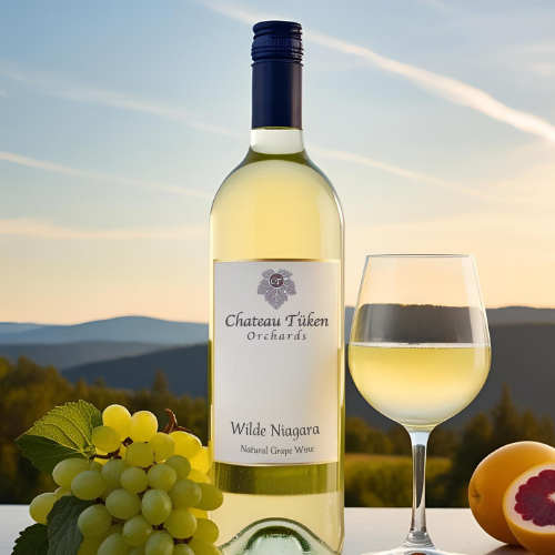 A bottle of wild niagara wine next to a glass