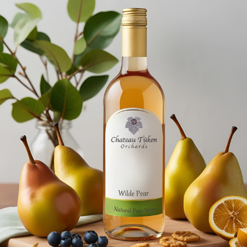 A bottle of willie pear wine is surrounded by pears and fruit