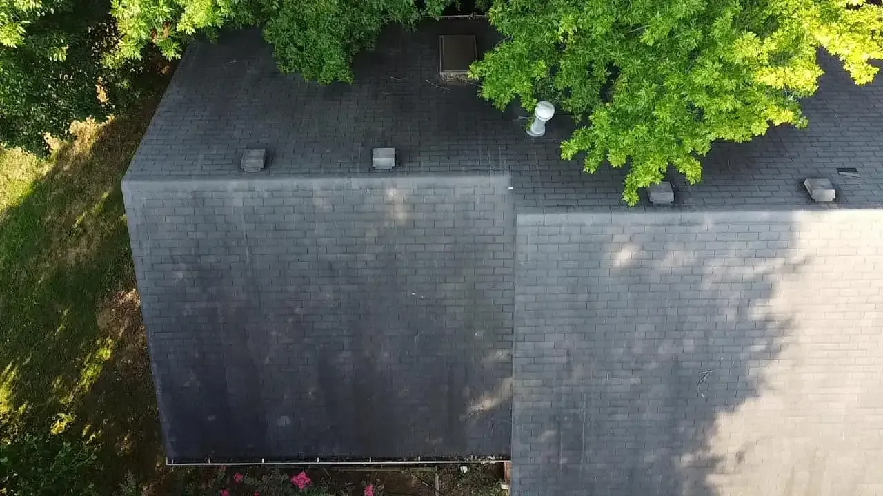Overhead view of a dark gray roof with air vents, partially obscured by green tree leaves.