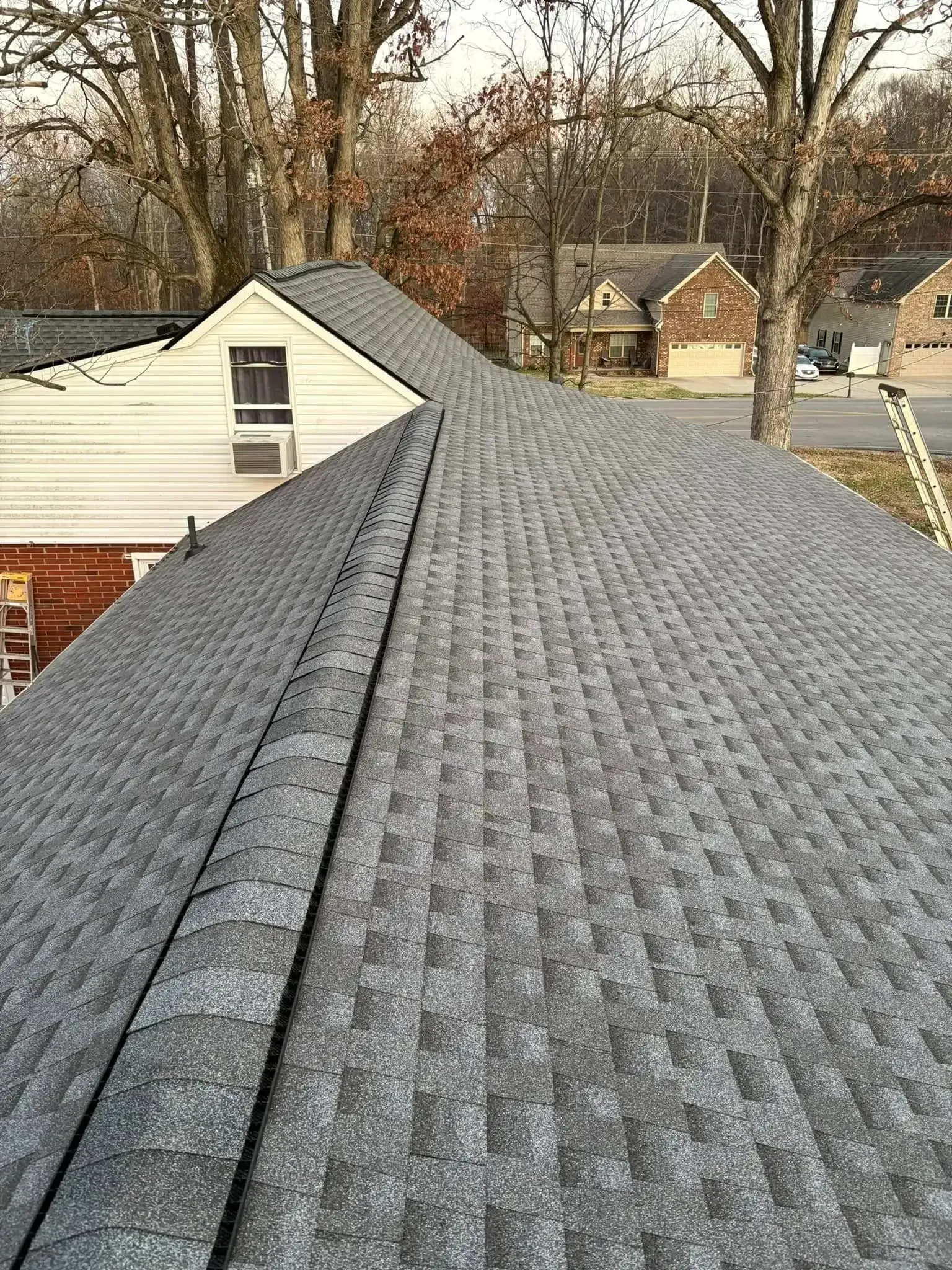 Gray shingle roof with a ridge cap, trees, and houses in the background on an overcast day.