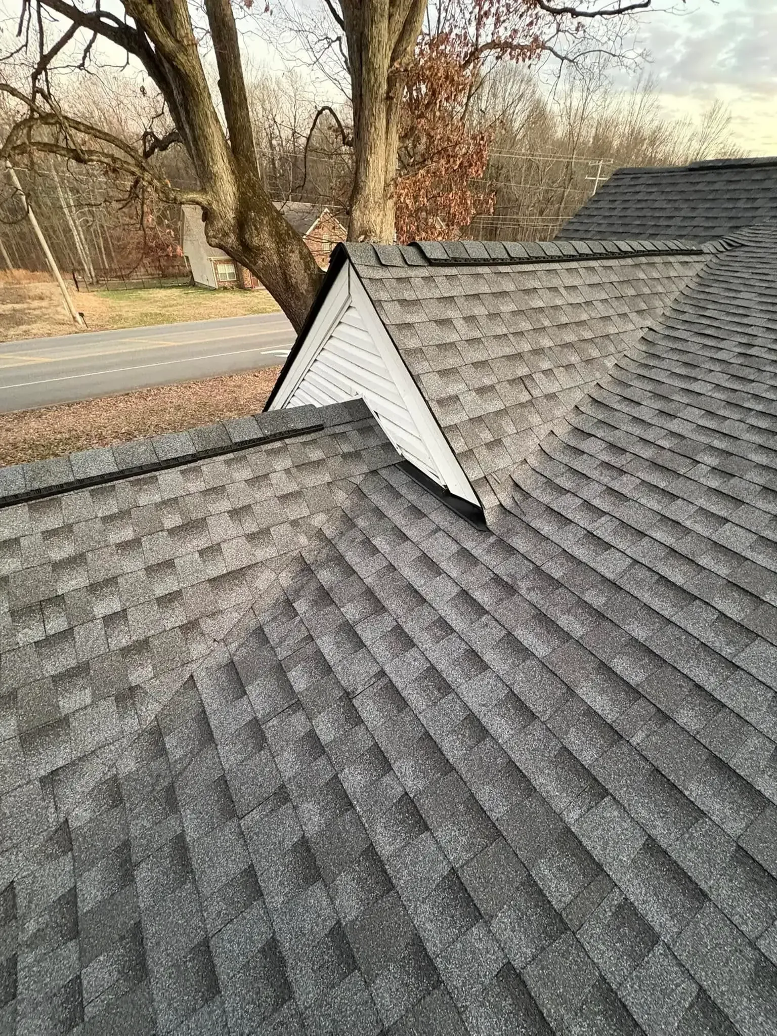 Close-up of gray asphalt shingle roof intersection with a tree in the background.