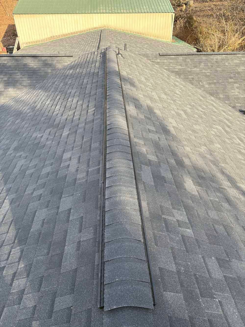 Gray asphalt shingle roof with a ridge vent running along the top. Green roof visible in the background.