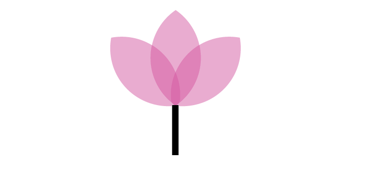 A pink flower with a black stem on a white background.