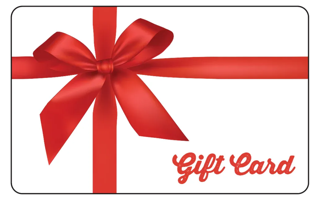A gift card with a red ribbon and bow.