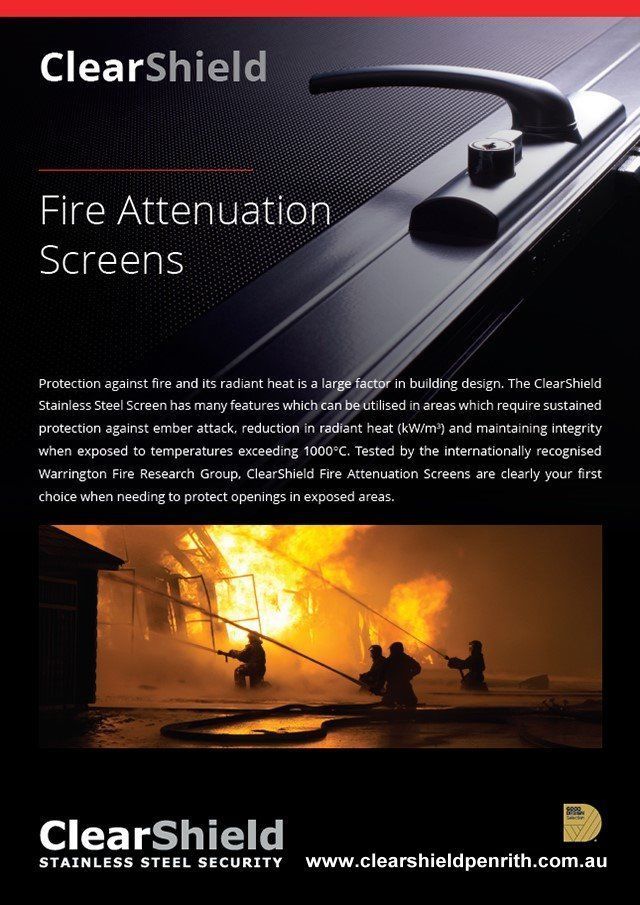 An advertisement for ClearShield fire Attenuation Screens - Penrith, NSW - ClearShield-Penrith