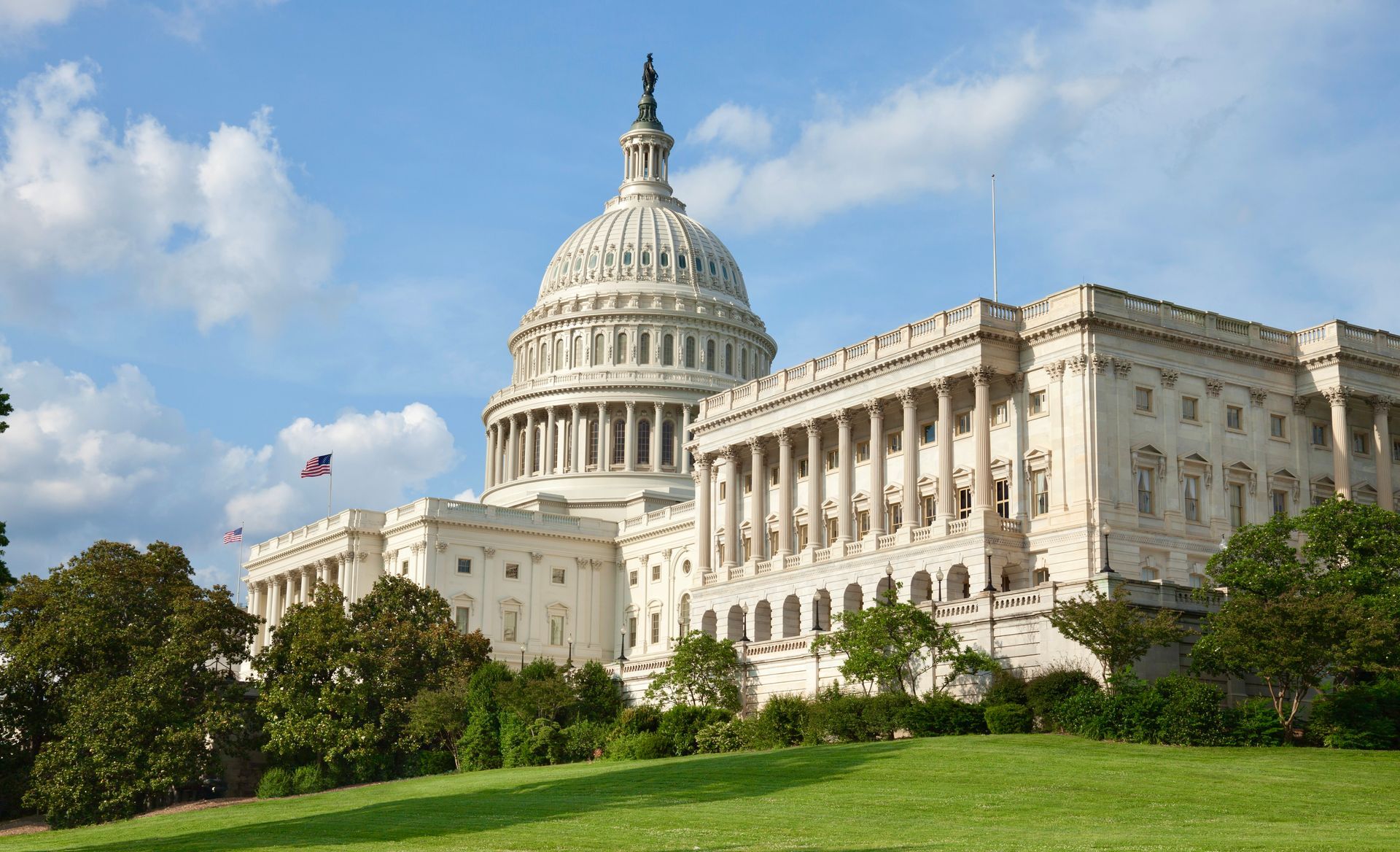 United States Capitol Building, white with a large dome, on a grassy hill under a blue sky.