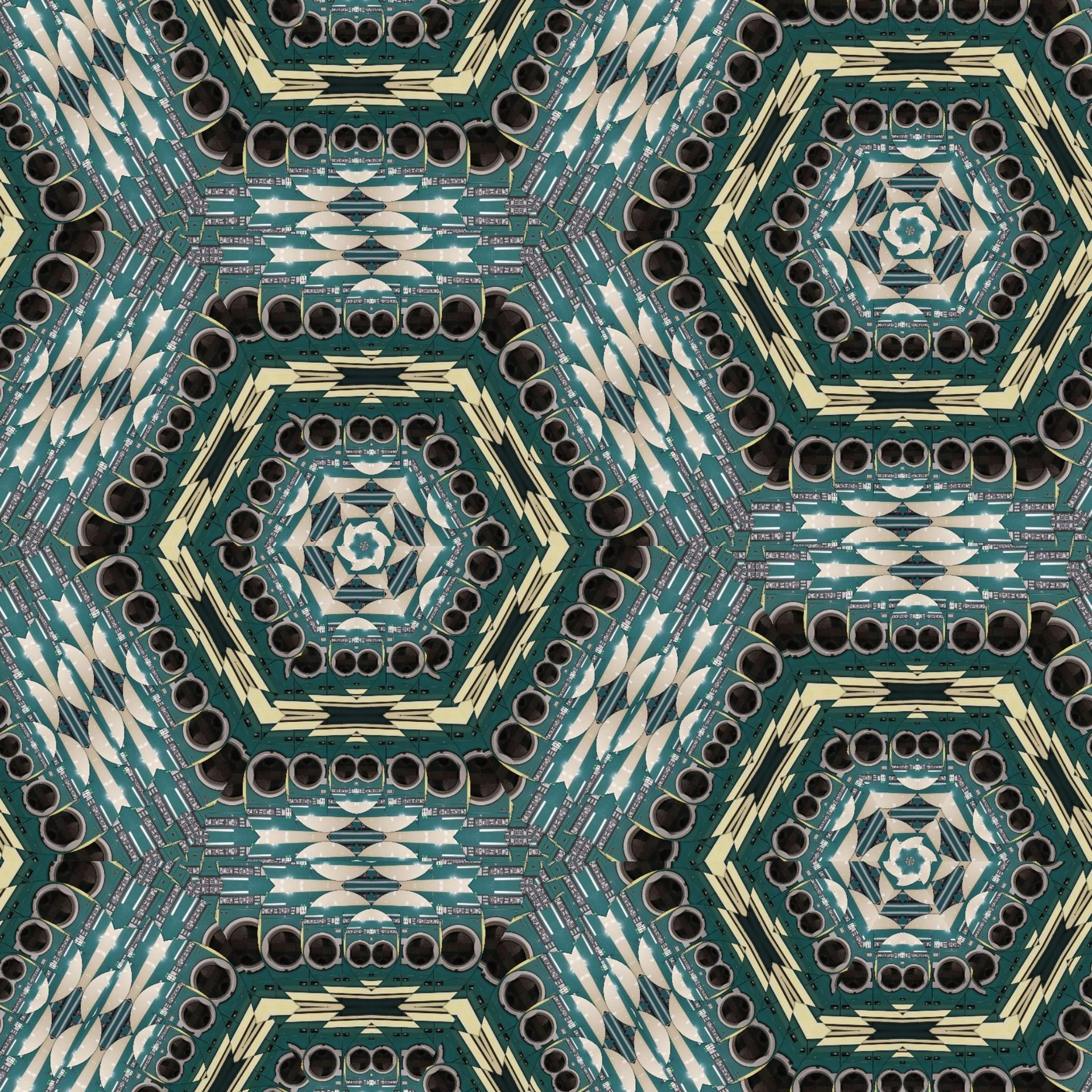 Estampado geométrico en tonos verde azulado y crema con formas hexagonales y detalles intrincados.