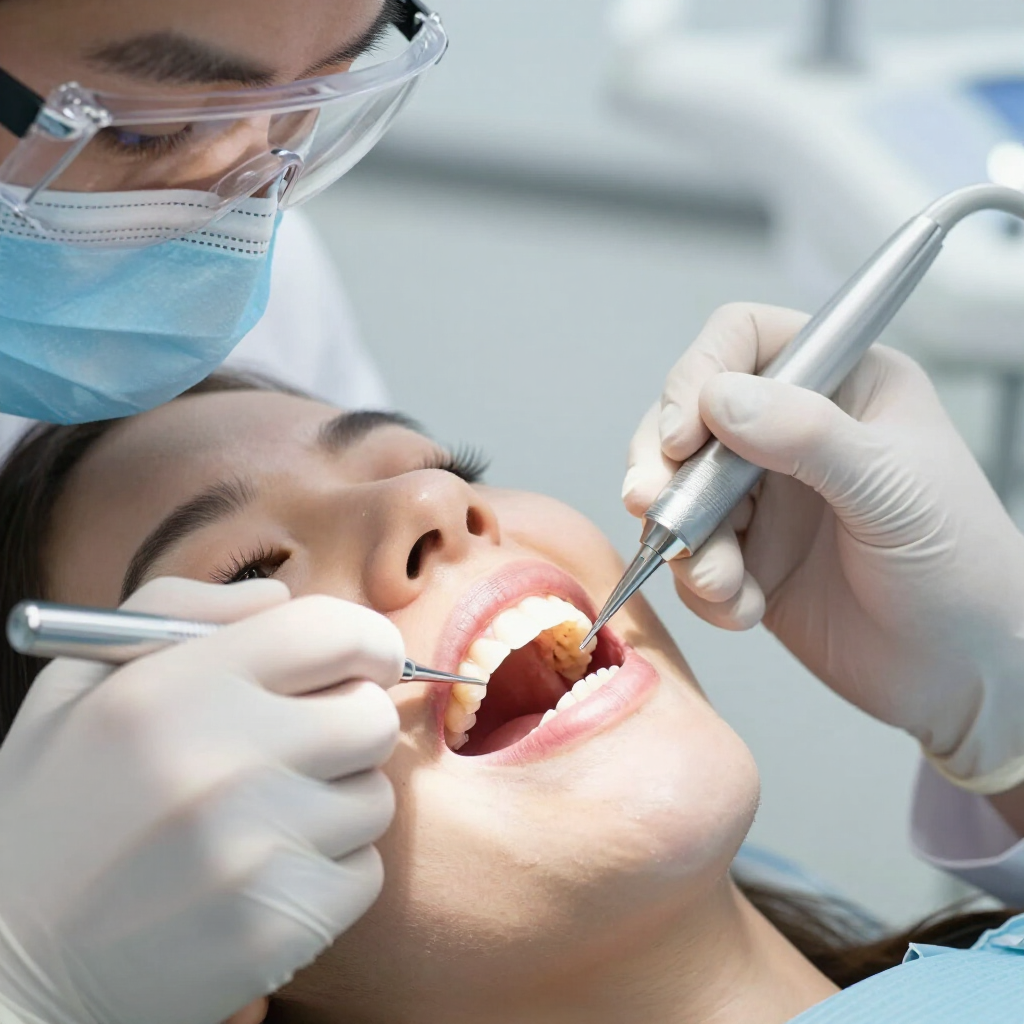 Un dentista, con mascarilla y gafas, realiza una limpieza dental a un paciente utilizando instrumental profesional.
