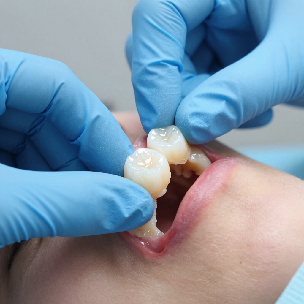 Un dentista, con guantes azules, coloca un puente dental de dos unidades en la boca de un paciente.