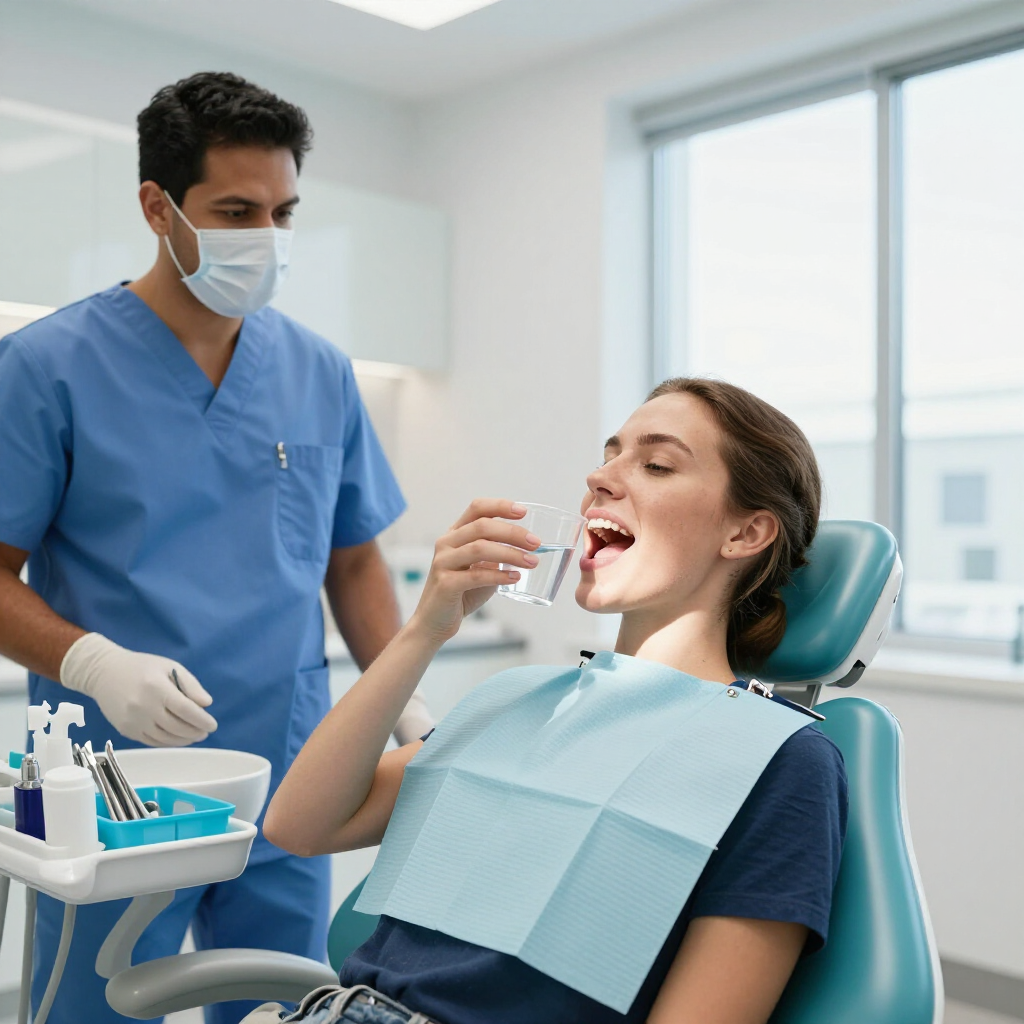 Un profesional dental, vestido con bata y mascarilla, observa cómo un paciente se prepara para enjuagarse la boca en el sillón dental.