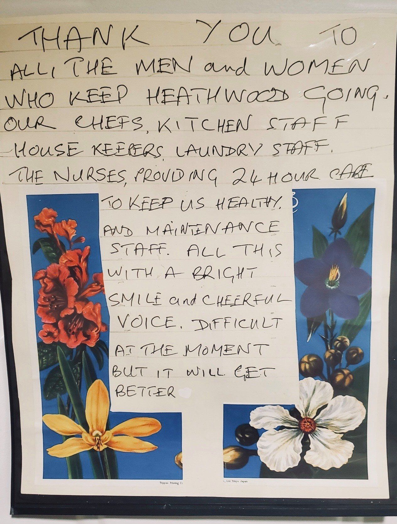 The COVID-10 pandemic in 2020 brought many changes for residents and staff in assisted living residences. The residents and families at Heathwood appreciate the dedication and commitment the staff at Heathwood displayed during the difficult time.