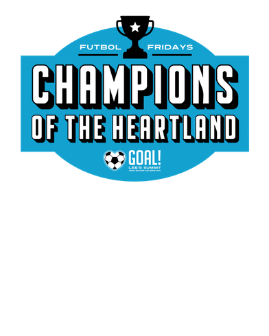 "Champions of the Heartland" logo with a trophy and soccer ball in blue and white. "Futbol Fridays" text at the top.