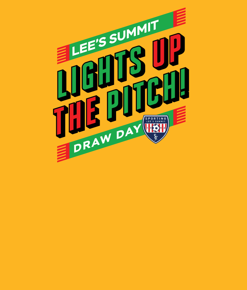 Lee's Summit "Lights Up The Pitch!" event announcement in green, red, and white text, on a yellow background.