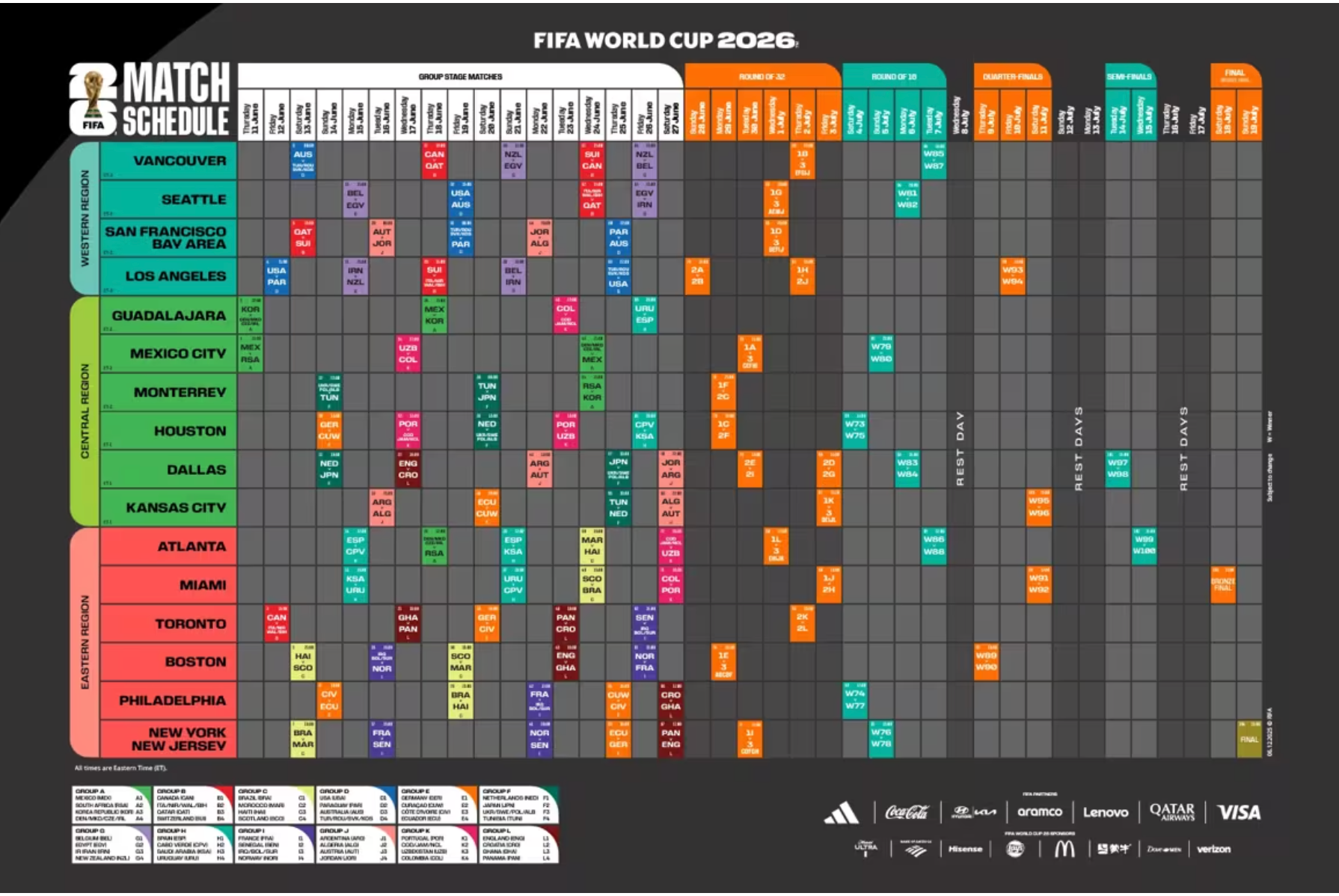 FIFA World Cup match schedule grid with teams and match times displayed in various colors.