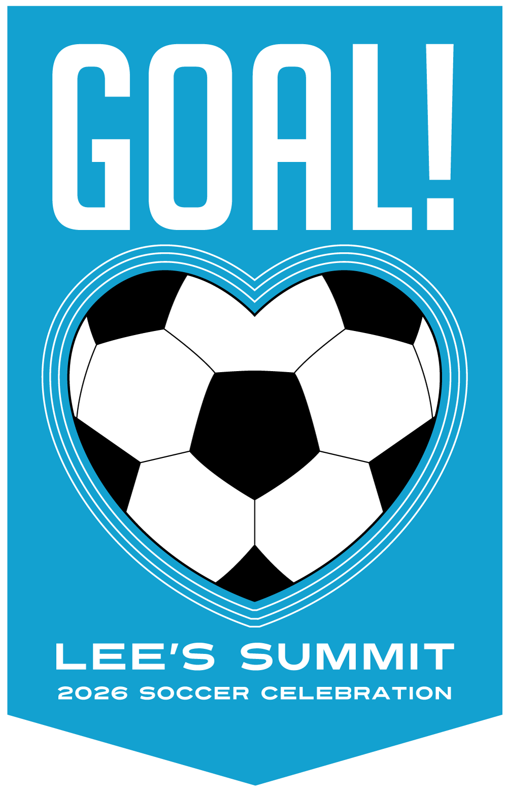 A blue banner with a soccer ball in the shape of a heart.