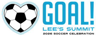 The logo for lee 's summit soccer celebration shows a soccer ball in the shape of a heart.