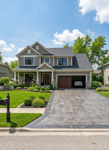 A beautiful stamped concrete driveway with a modern slate texture in front of a home in Columbia MD.