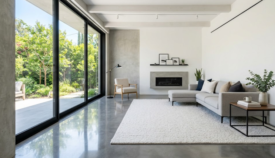 Cozy finished basement with a warm brown acid-stained decorative concrete floor.