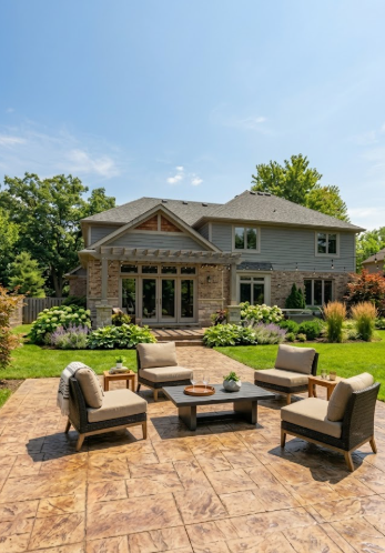 A beautiful brown stamped concrete patio in a Columbia, MD backyard featuring an outdoor seating area.