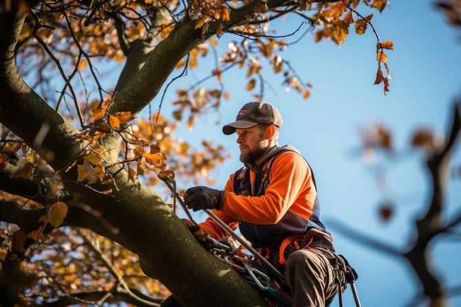 A tree worker in an orange long-sleeve shirt and safety gear works in an autumn tree with golden leaves against a blue sky.