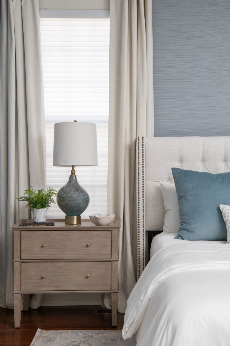 A bedroom with a bed , nightstand , lamp and window - Charlotte, NC