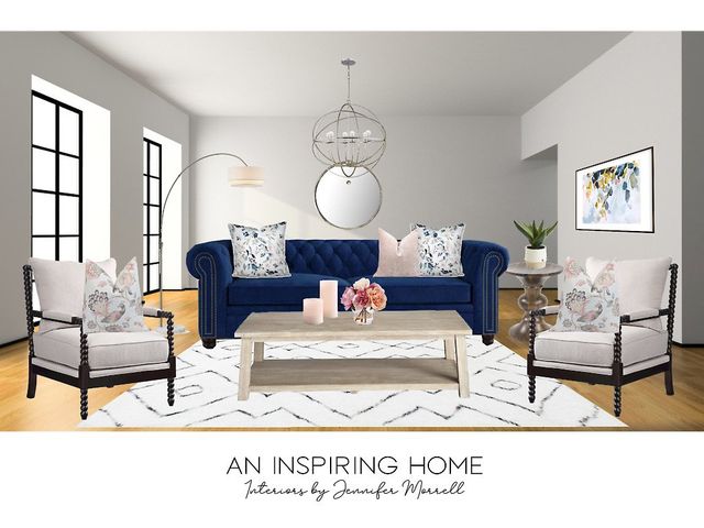 Navy blue grey and 2024 blush pink living room