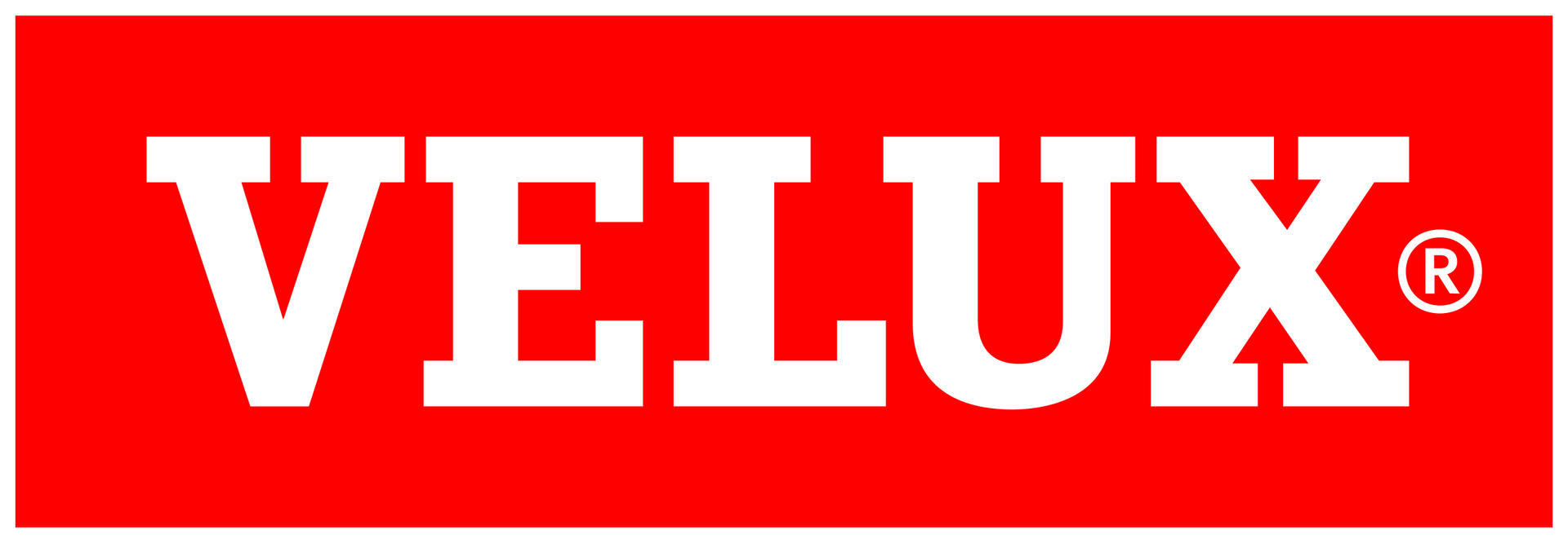 A red sign with white letters that says velux on it