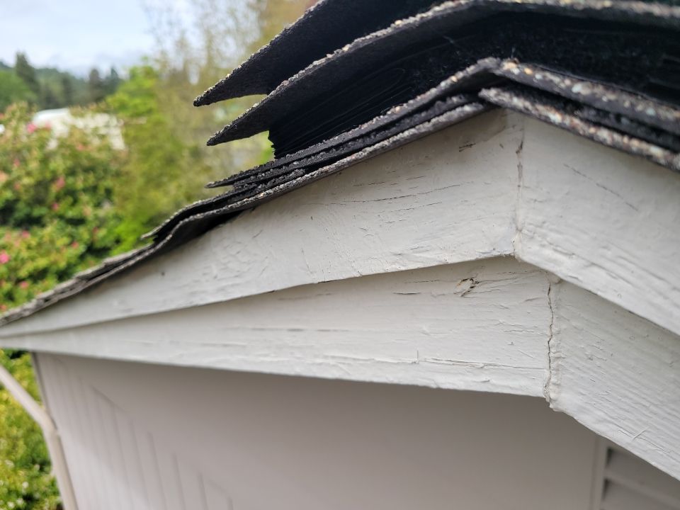 Close-up of warped shingles on roof in Eugene, OR.