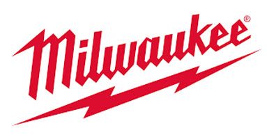 Un logotipo rojo de Milwaukee con un rayo sobre un fondo blanco.