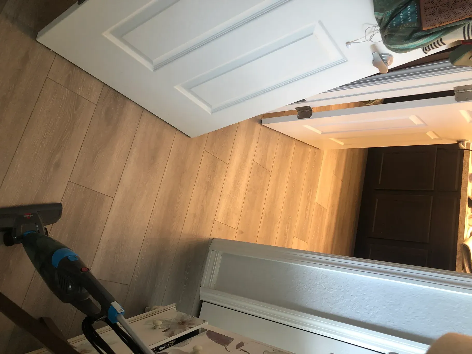 A vacuum cleaner is sitting on a wooden floor next to a door.