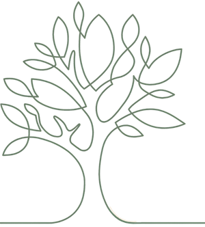 Lijntekening van een boom met bladeren, in een gedempte groene kleur, tegen een witte achtergrond.