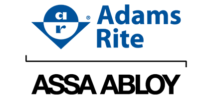 Logo Adams Rite au-dessus du nom ASSA ABLOY en bleu et noir