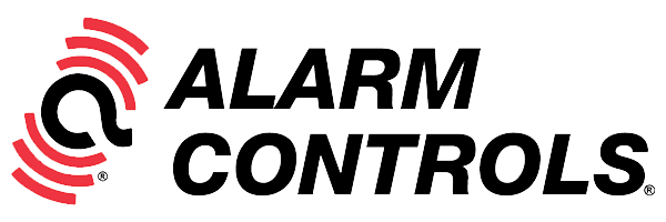 Logo d'Alarm Controls avec texte noir et icône de signal rouge et noir sur fond blanc