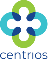 Logo Centrios avec une icône à quatre pétales bleue et verte et du texte en minuscules