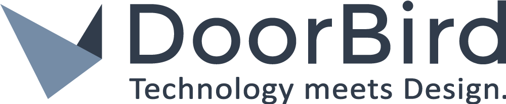 Logo DoorBird avec une icône d'oiseau géométrique bleue et le texte gris « DoorBird » au-dessus de « Quand la technologie rencontre le design ».