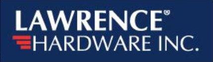 Logo de Lawrence Hardware Inc. en blanc et rouge sur fond bleu foncé